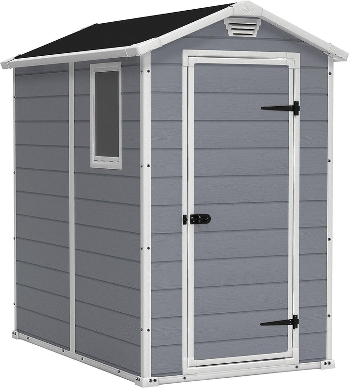 Keter Manor 4×6 Resin Outdoor Storage Shed Kit-Perfect to Store Patio Furniture, Garden Tools Bike Accessories, Beach Chairs and Lawn Mower, Grey & White